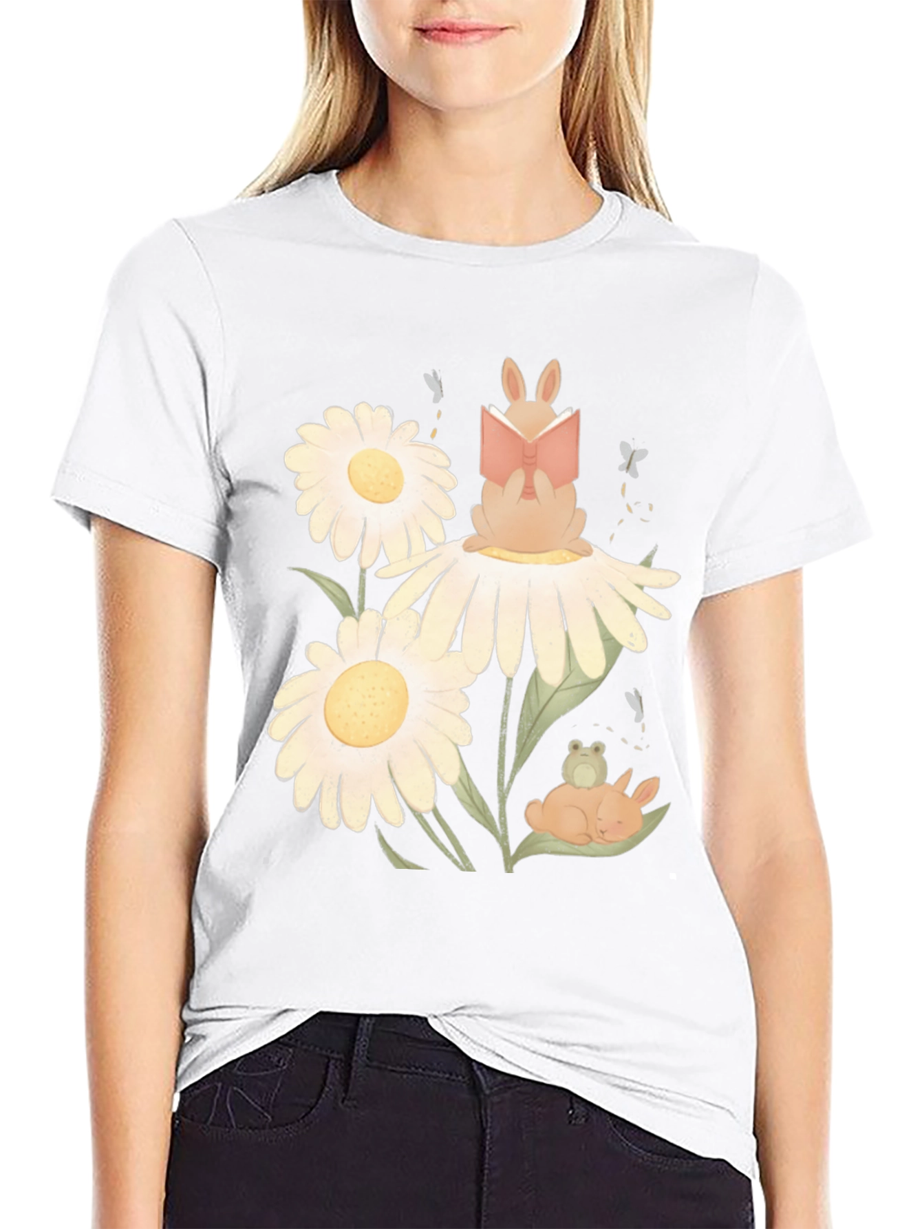 Black Whimsical Reading Bunny Graphic Tee view 9