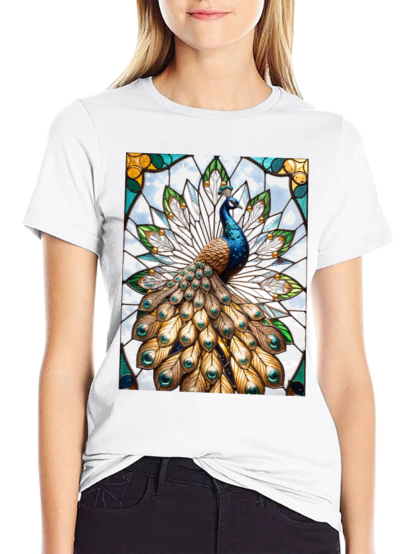 Black Peacock Stained Glass Graphic T-Shirt view 9