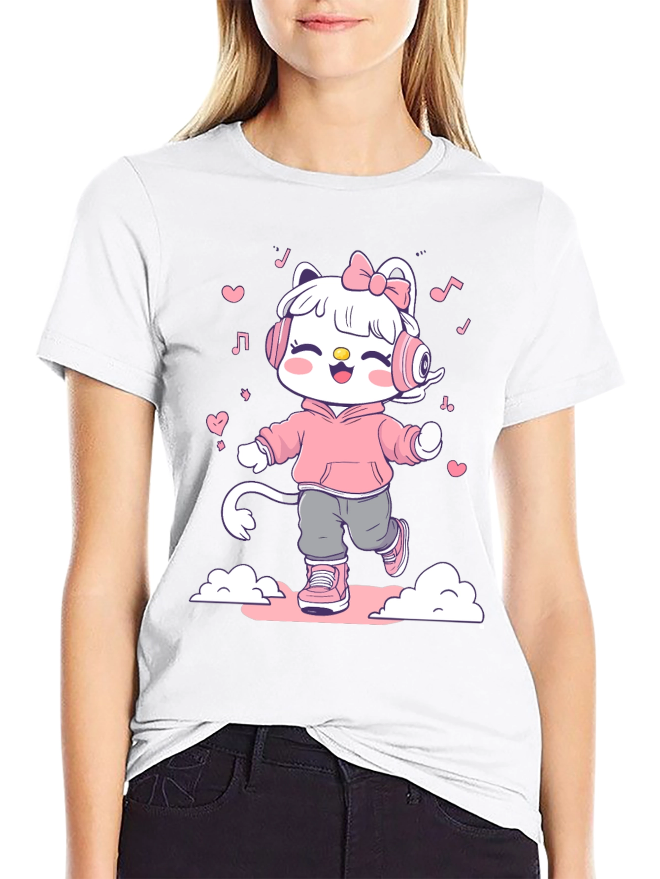 Black Cute Cartoon Cat on Black T-Shirt view 9