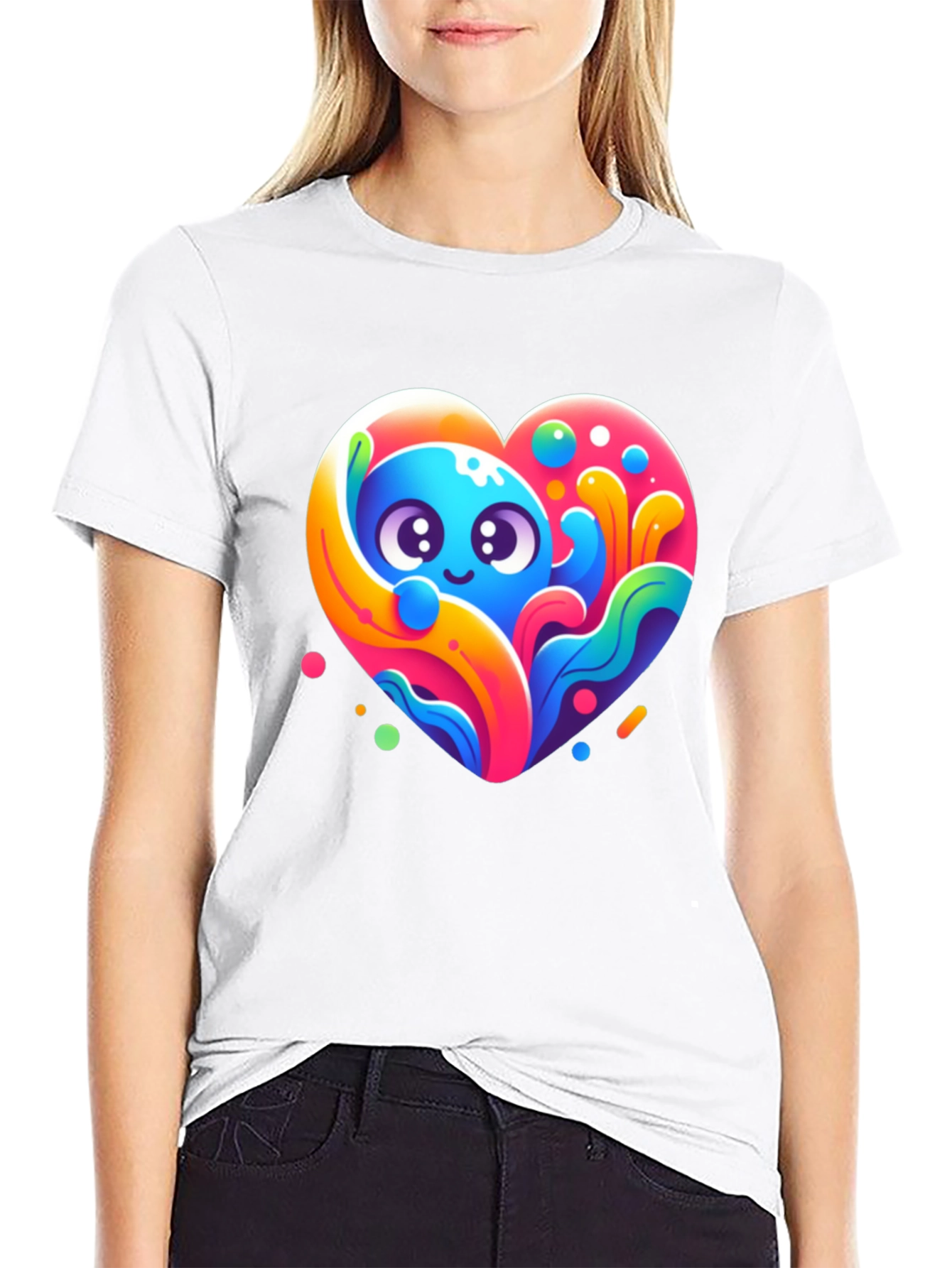 Black Cute Cartoon Heart Graphic Black T-Shirt view 9