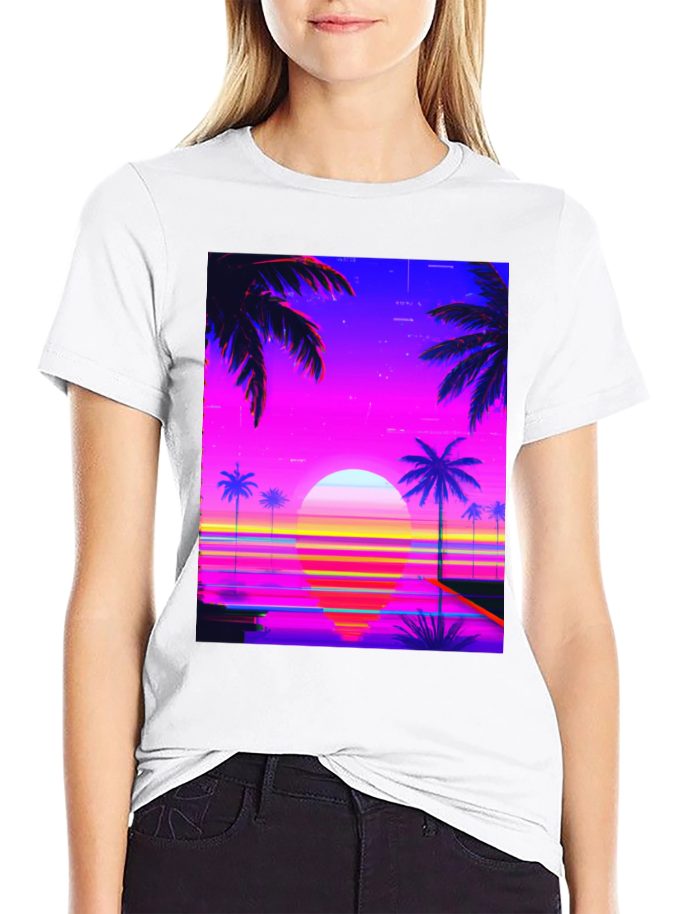 Black Vaporwave Sunset Graphic Tee view 9