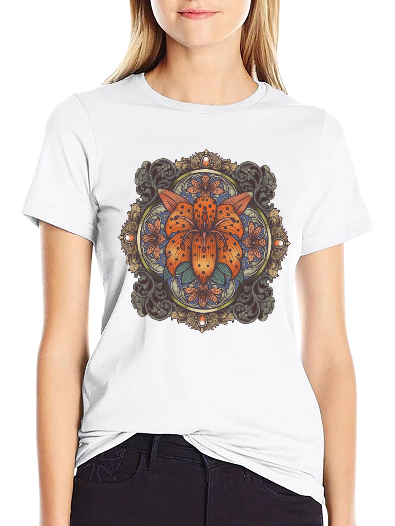 Black Floral Mandala Graphic Tee - Stylish Black T-Shirt view 9