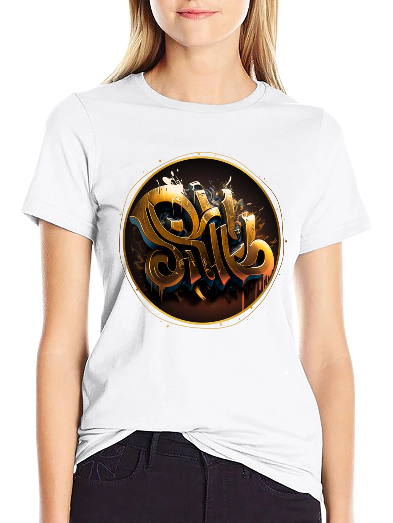 Black Gold Letter Graphic Black Tee - Stylish Casual Wear view 9