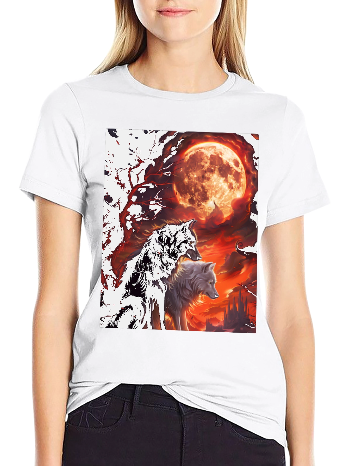 Black Wolf Pack Moon Graphic Tee - Black Cotton view 9
