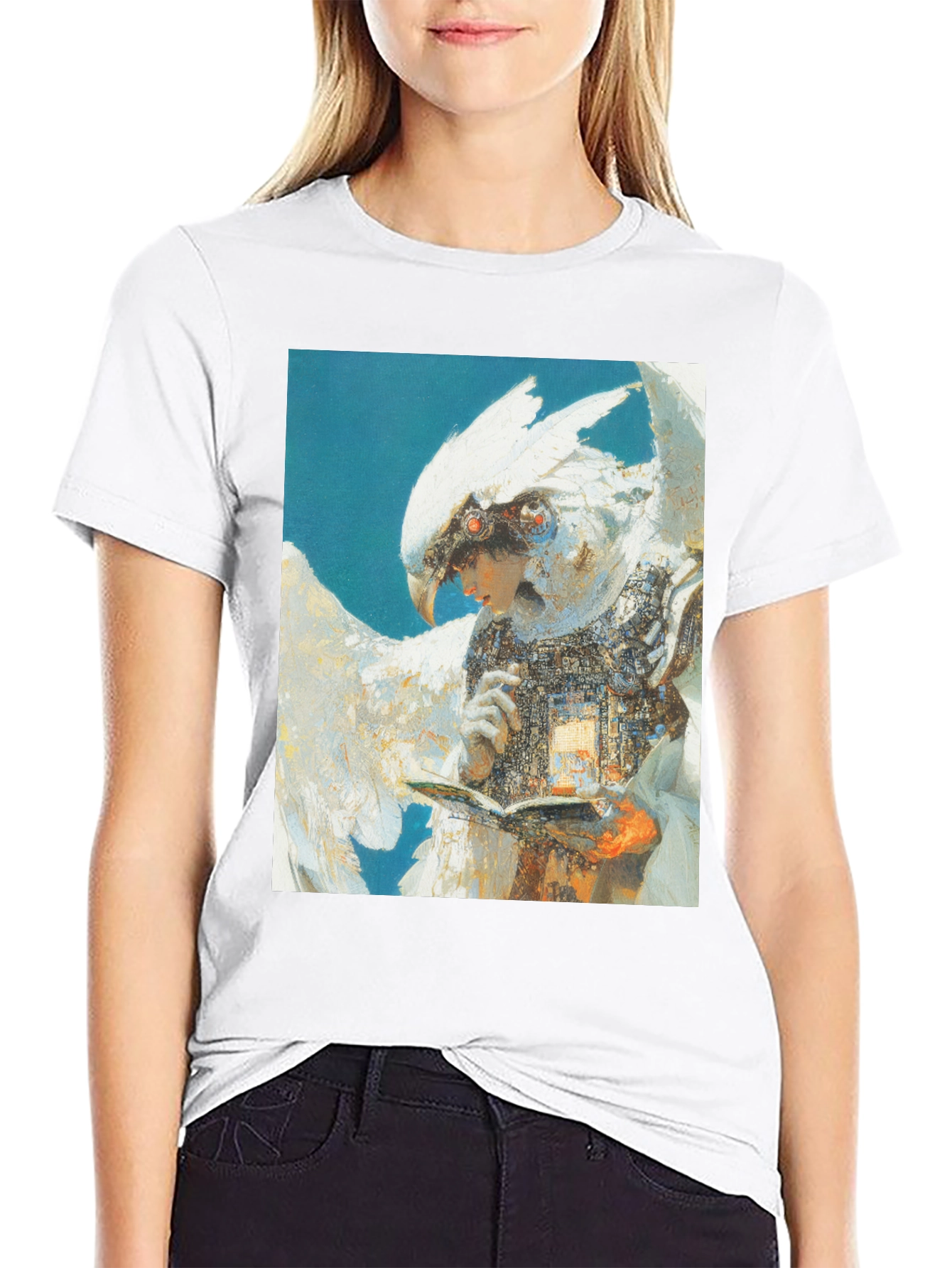 Black Futuristic Bird-Human Hybrid Graphic Tee view 9