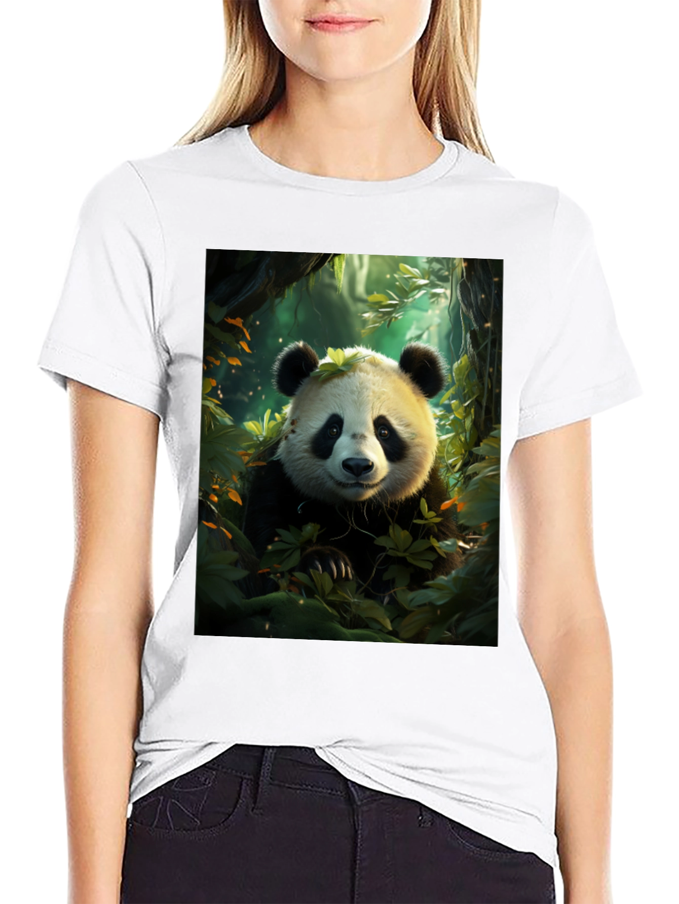 Black Panda in Forest Black T-Shirt view 9