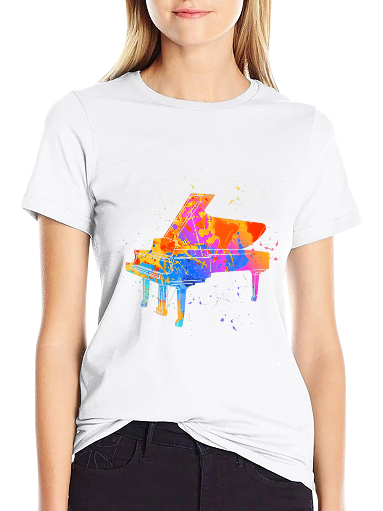 Black Watercolor Piano Graphic Men's Black T-Shirt view 9