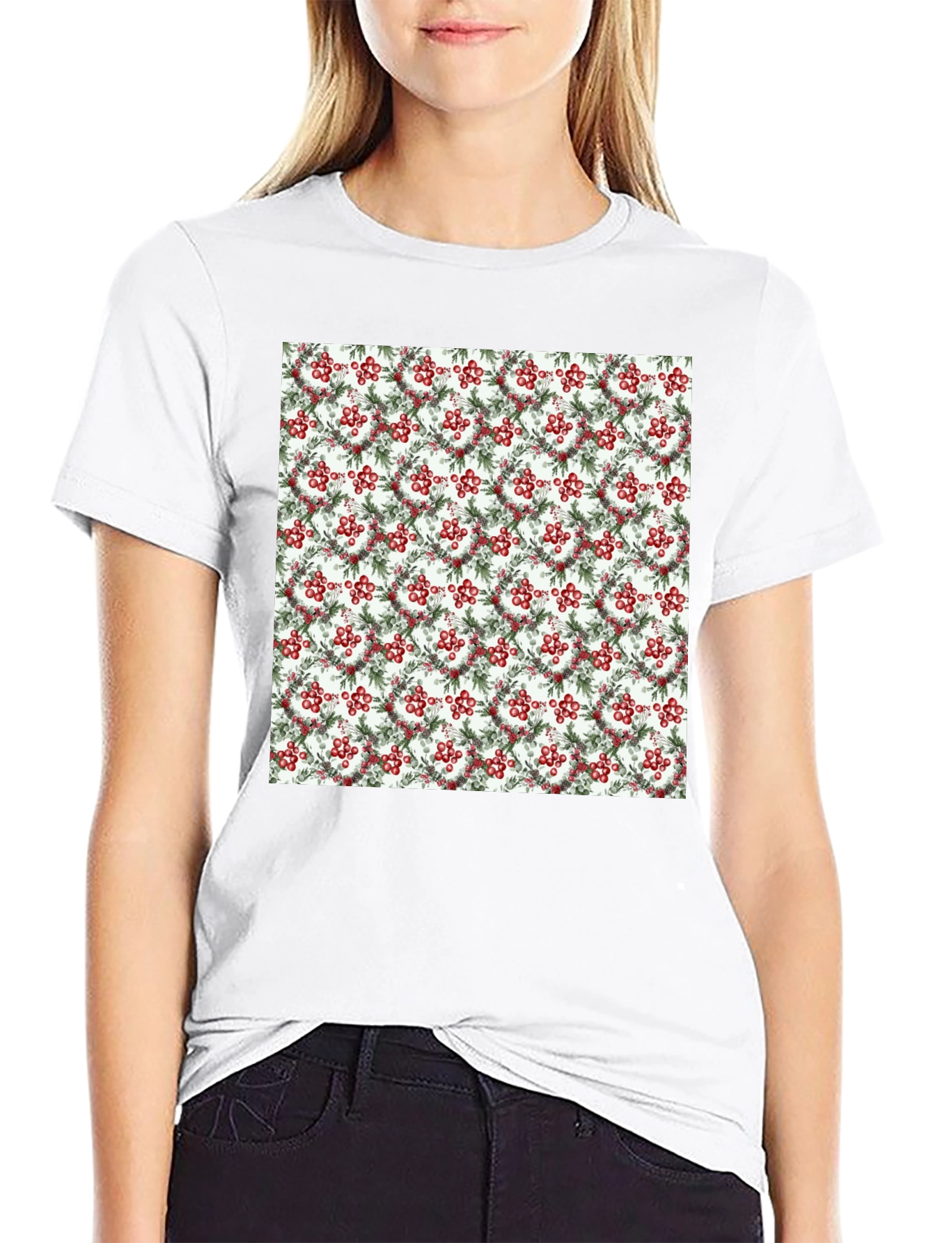 Black Festive Berry Wreath Pattern Black T-Shirt view 9