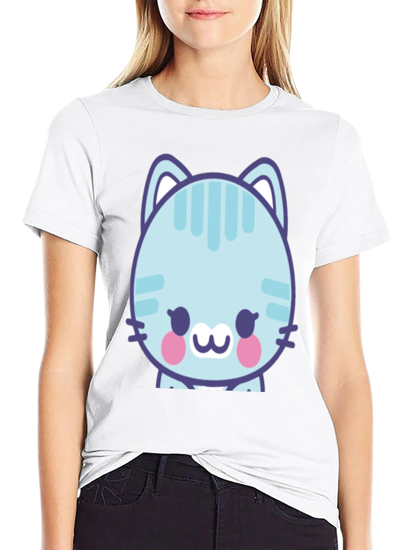 Black Cute Cartoon Cat Graphic T-Shirt - Black view 9