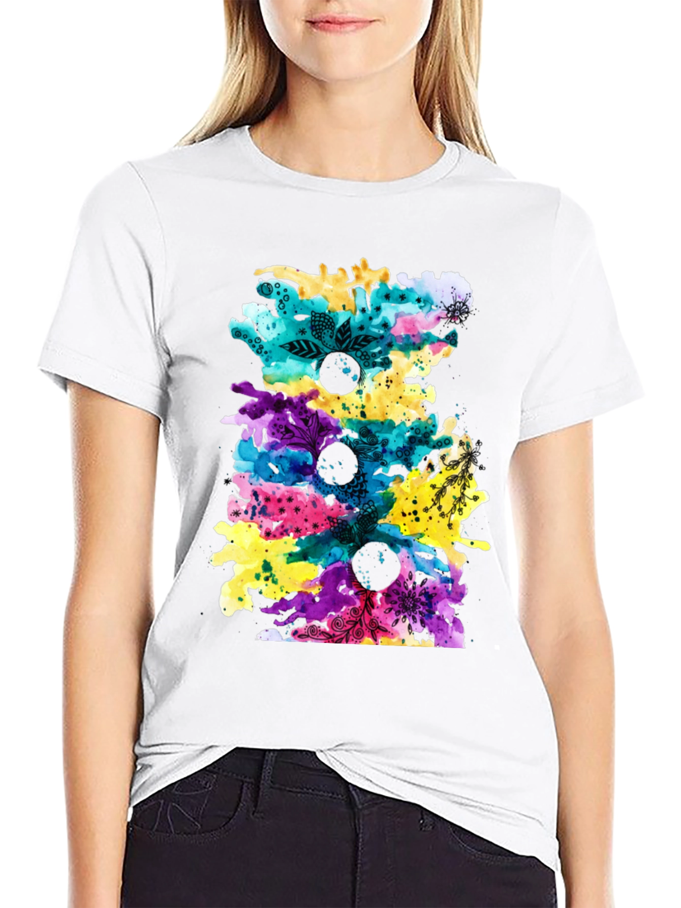 Black Abstract Watercolor Print Black T-Shirt view 9