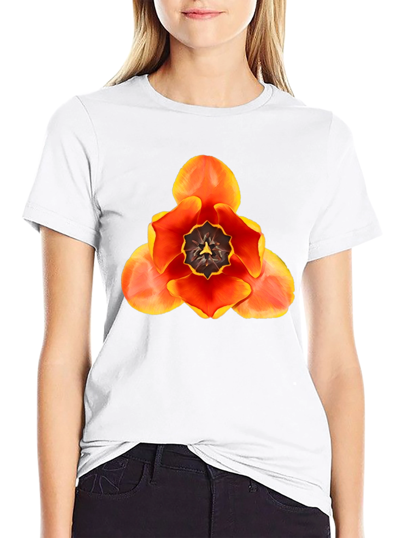 Black Floral Graphic T-Shirt - Bold Tulip Design view 9