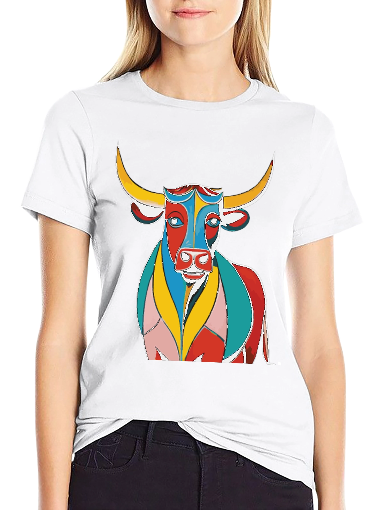 Black Colorful Bull Graphic Print Black T-Shirt view 9