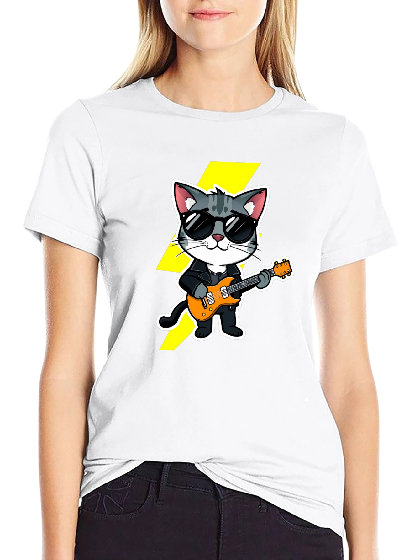 Black Cool Cat Guitarist Black T-Shirt view 9