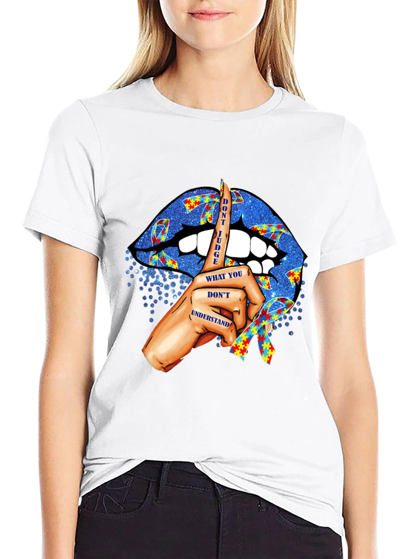 Black Autism Awareness Lips T-Shirt - Don't Judge view 9