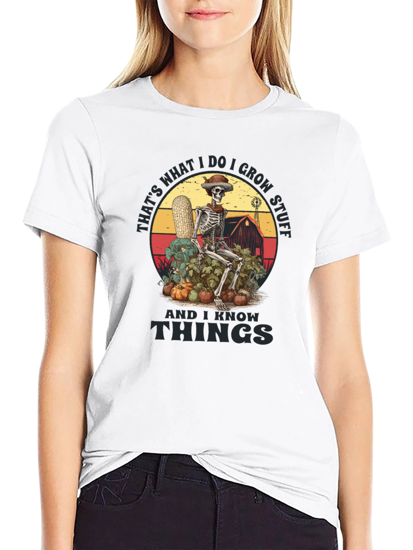 Black Funny Farmer Skeleton T-Shirt - I Grow Stuff & I Know Things Tee view 9