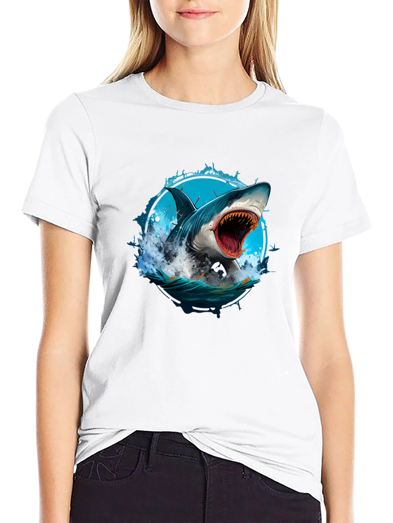 Black Shark Attack Graphic Tee - Black Cotton T-Shirt view 9