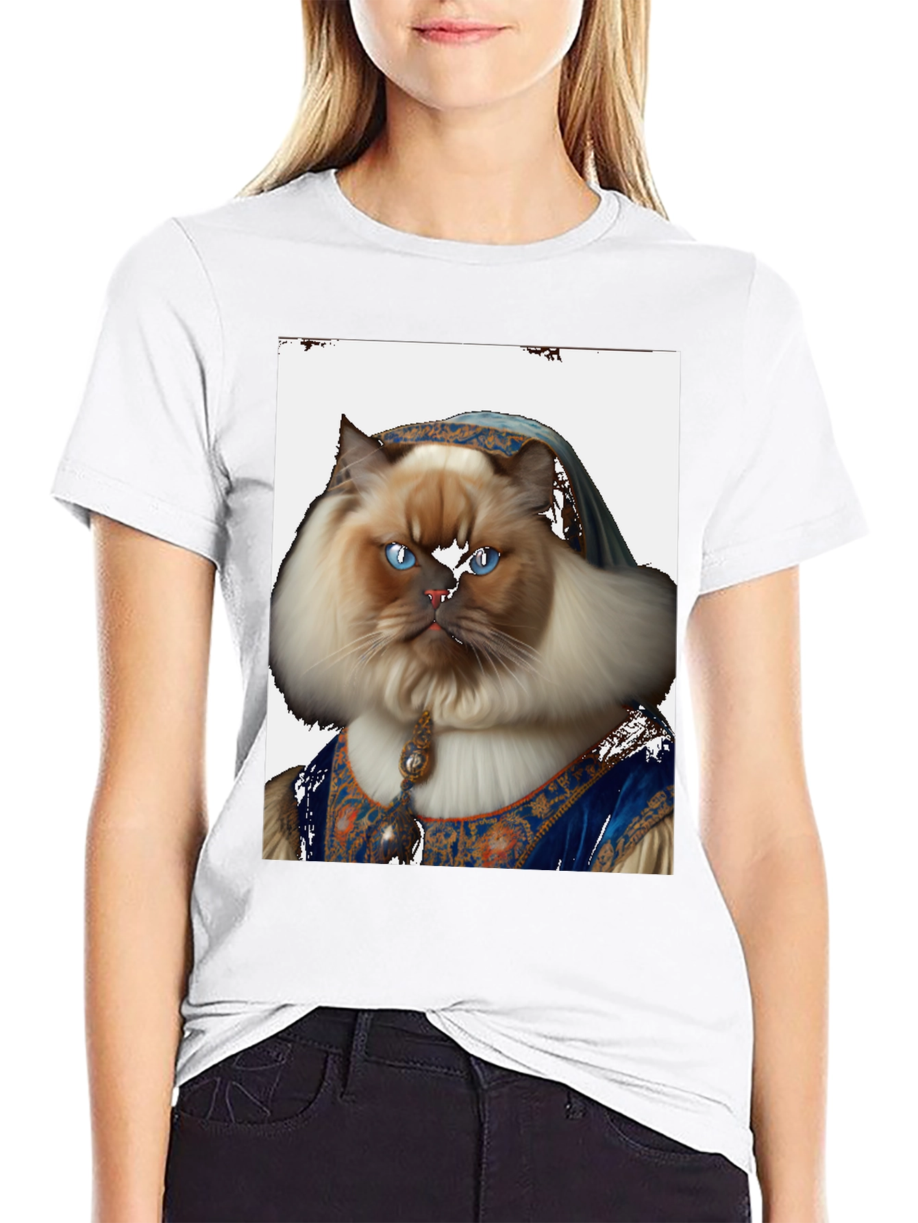 Black Renaissance Cat Portrait T-Shirt - Black view 9