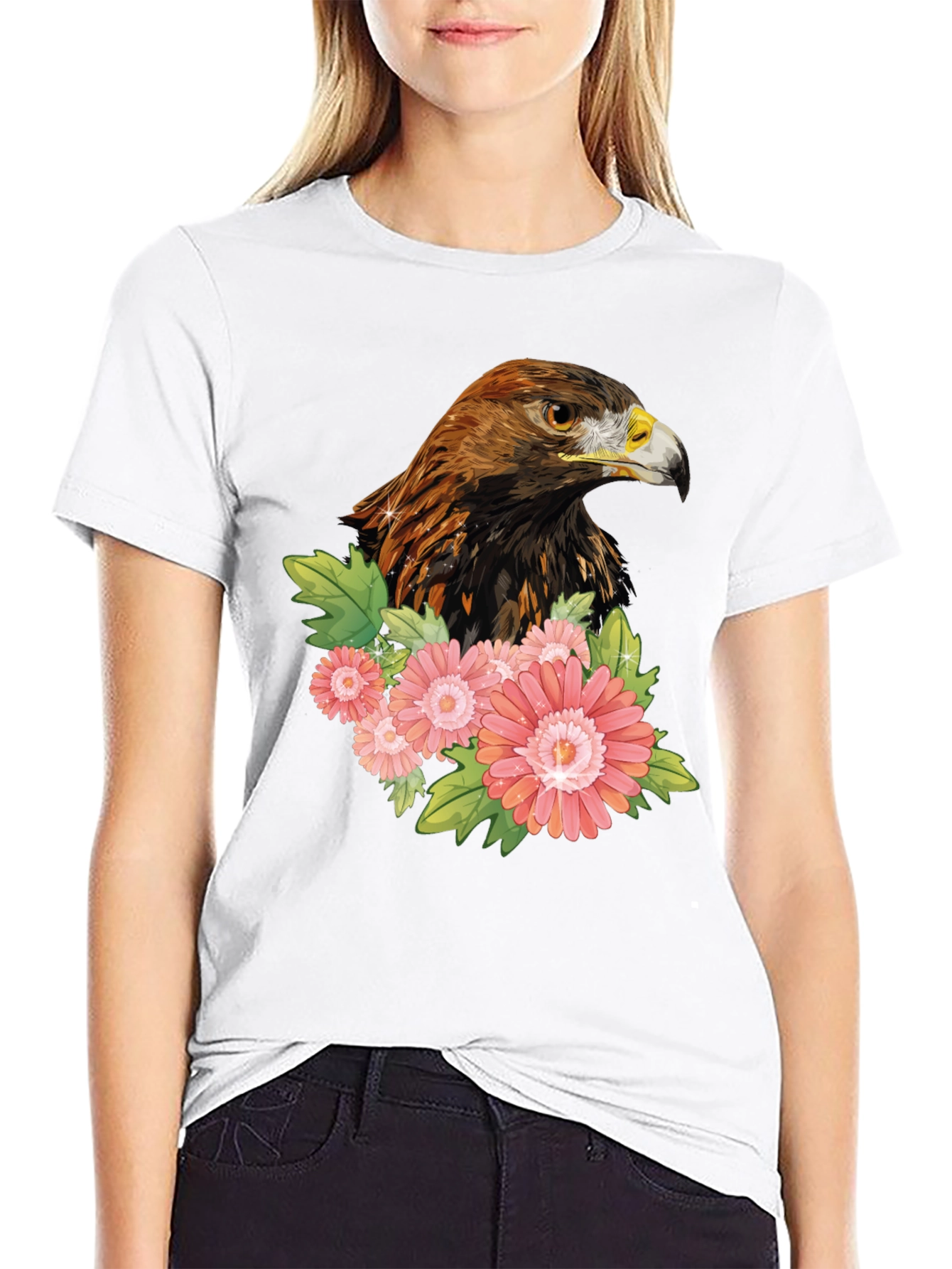 Black Eagle & Flowers Graphic T-Shirt - Men's Black Tee view 9