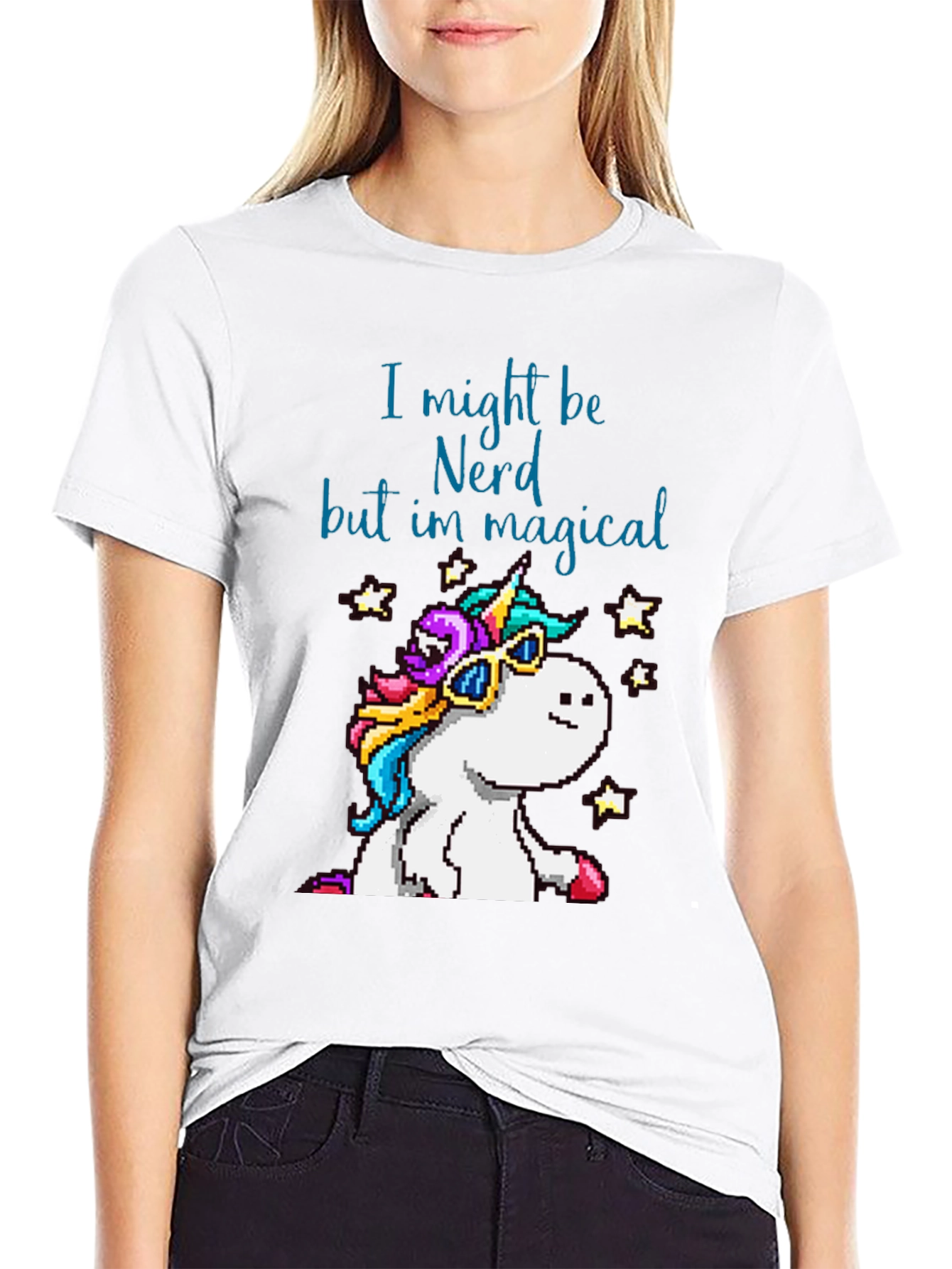 Black Nerd Magical Unicorn T-Shirt - Pixel Art Style view 9