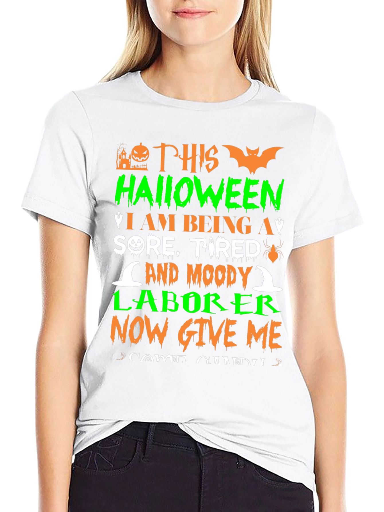 Black Halloween Sore Tired Moody Laborer T-Shirt view 9