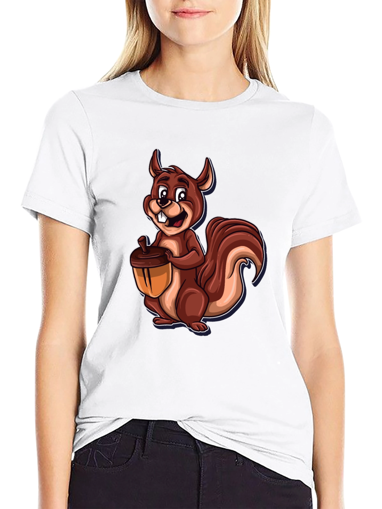 Black Squirrel Holding Acorn Graphic Tee - Black Cotton Shirt view 9