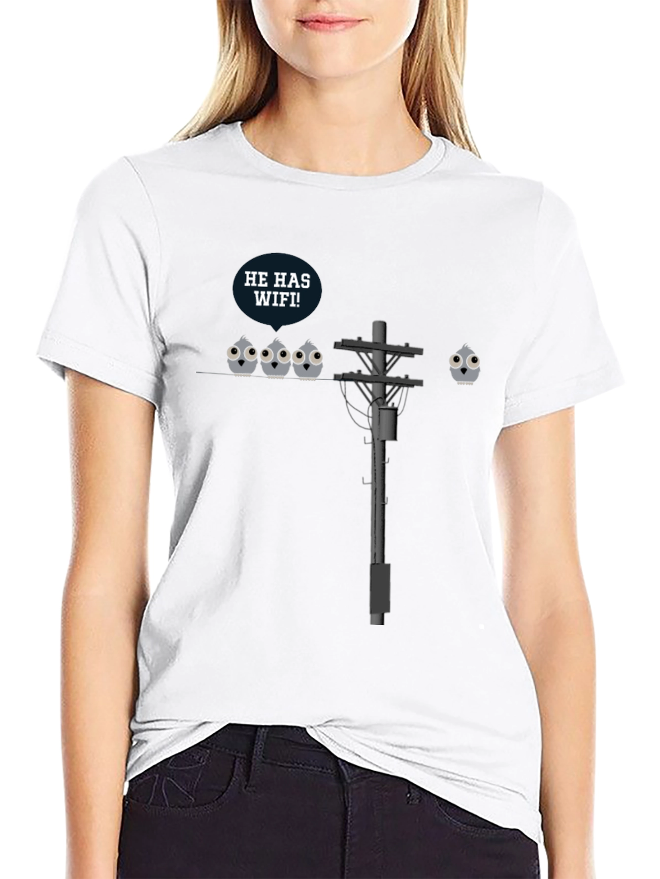 Black He Has Wifi Funny Bird Graphic Tee view 9