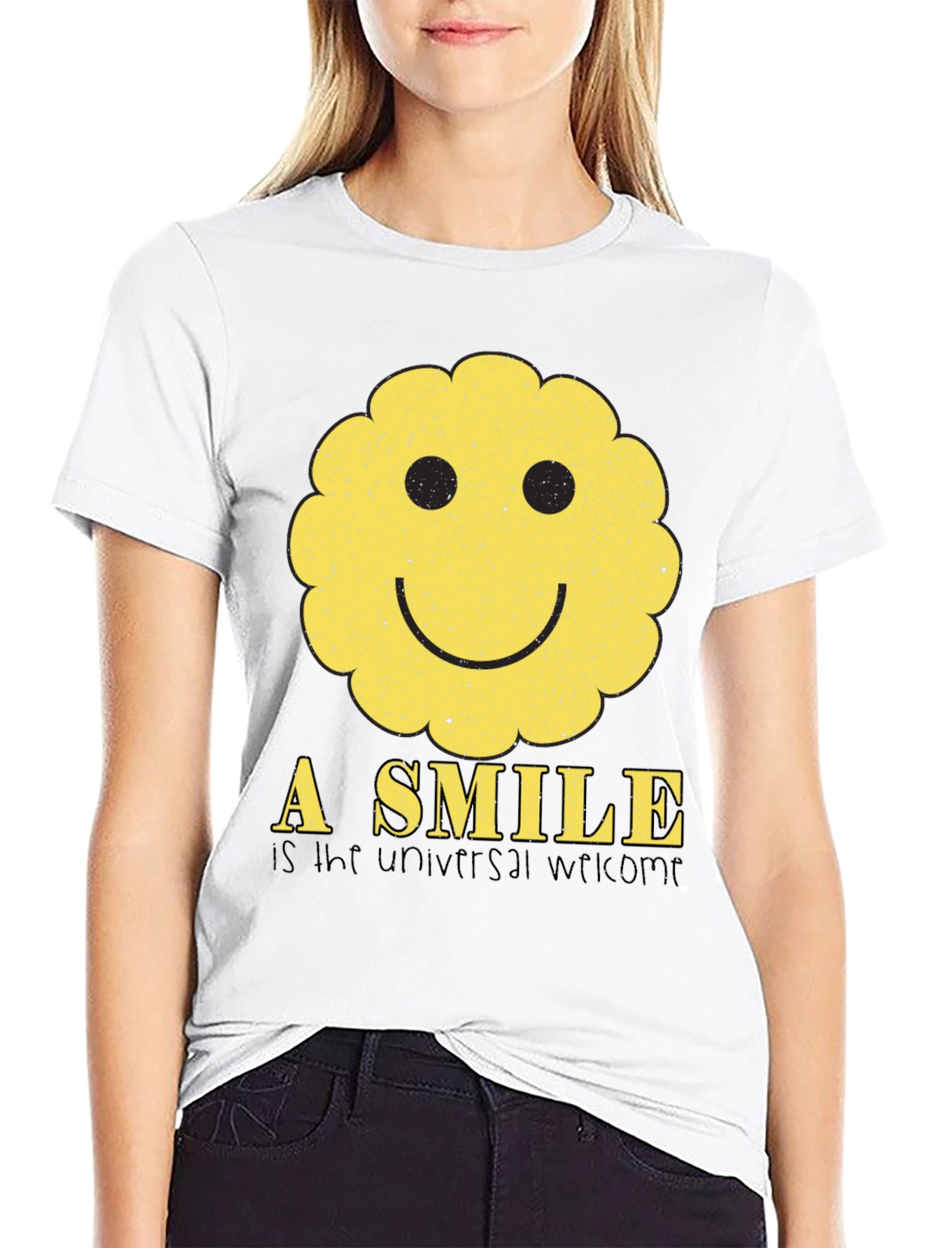 Black Smiley Face Graphic Tee - Universal Welcome T-Shirt view 9