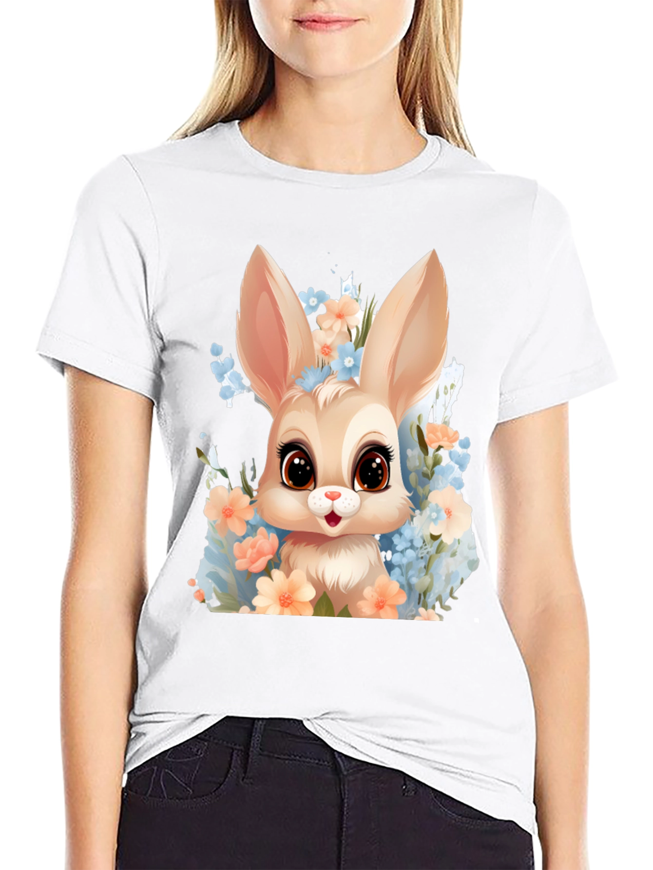 Black Cute Bunny in Flowers Graphic T-Shirt view 9