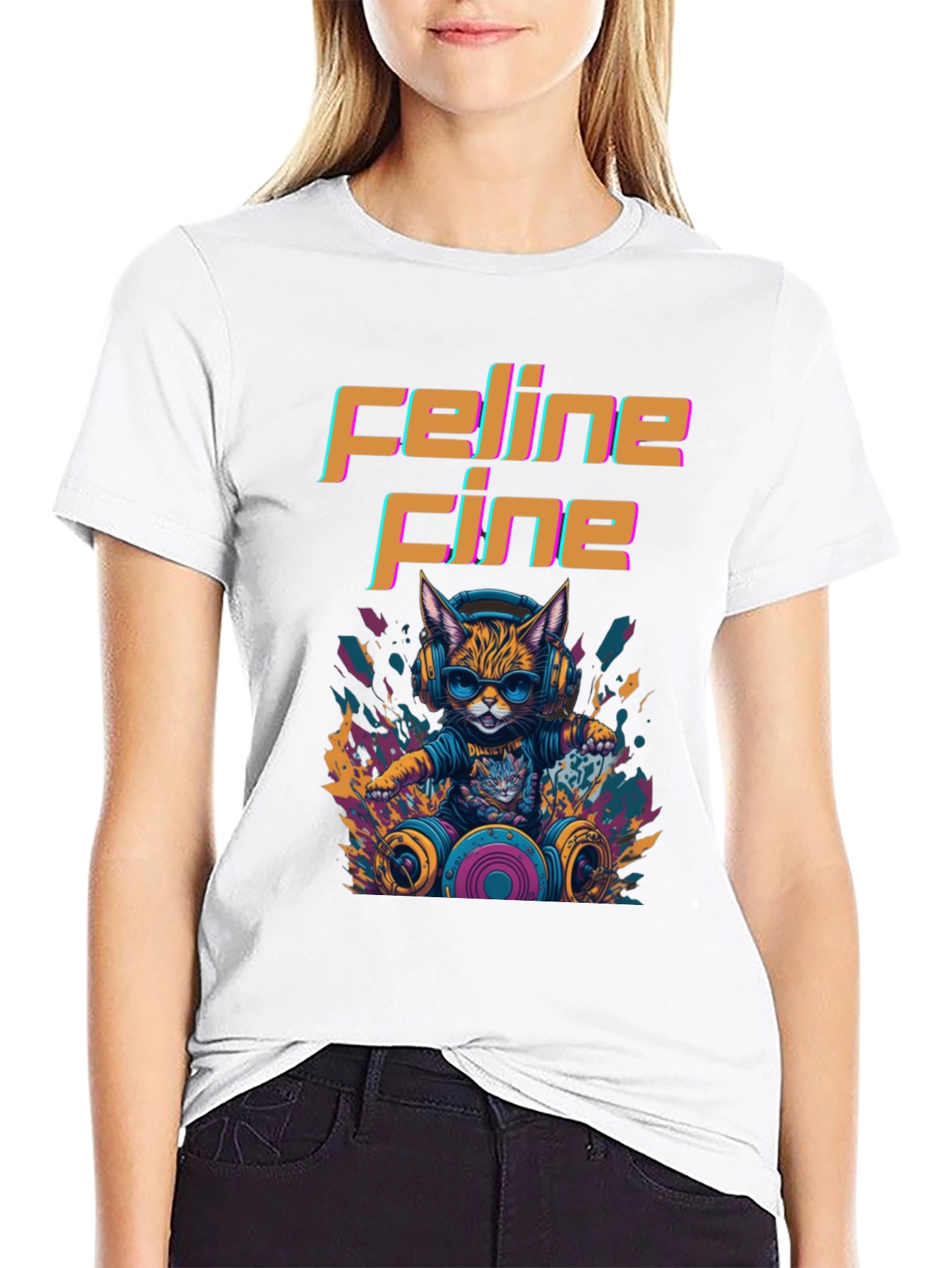 Black Feline Fine Graphic Tee - DJ Cat T-Shirt view 9