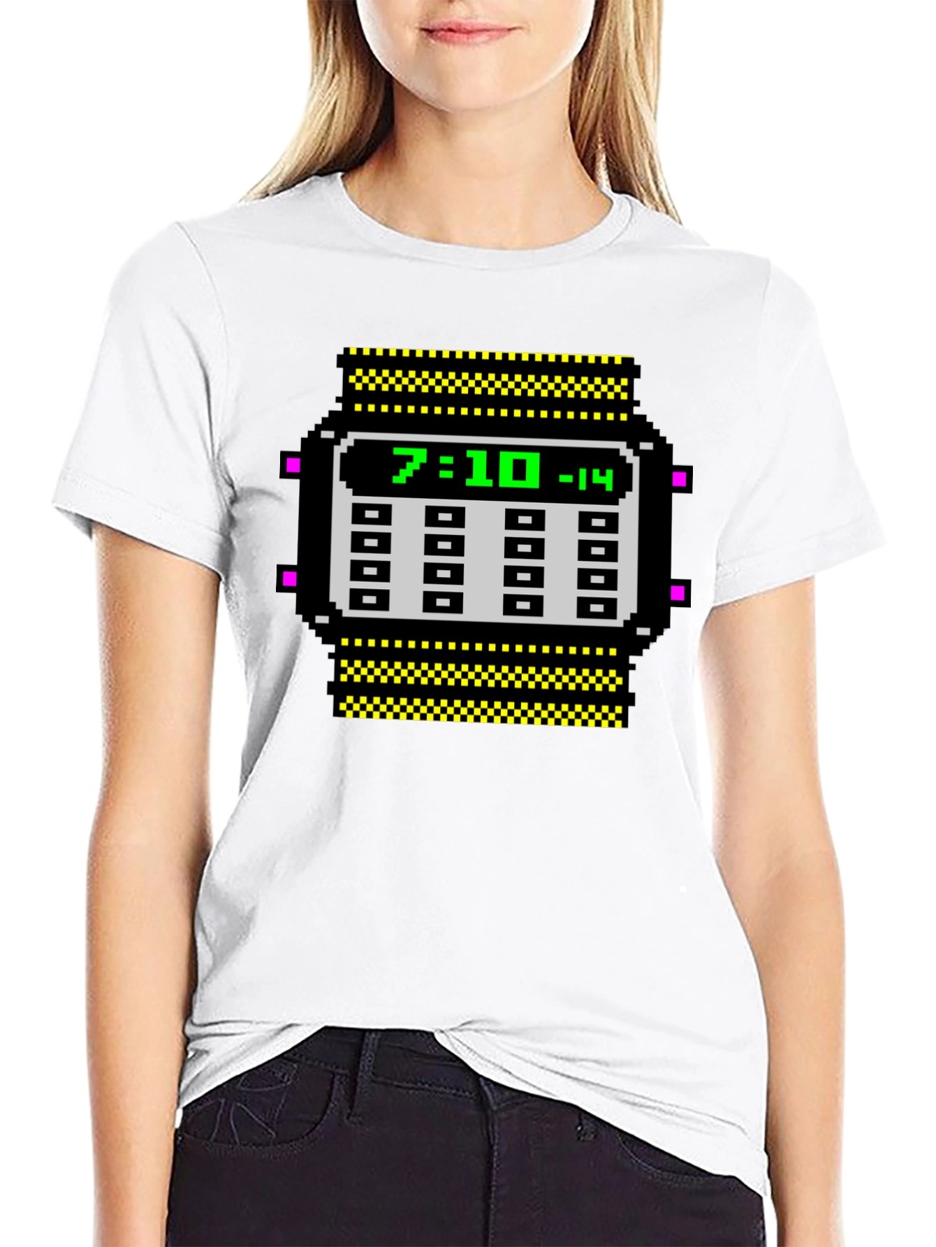 Black Retro Pixel Watch T-Shirt - Geeky Timepiece Design view 9