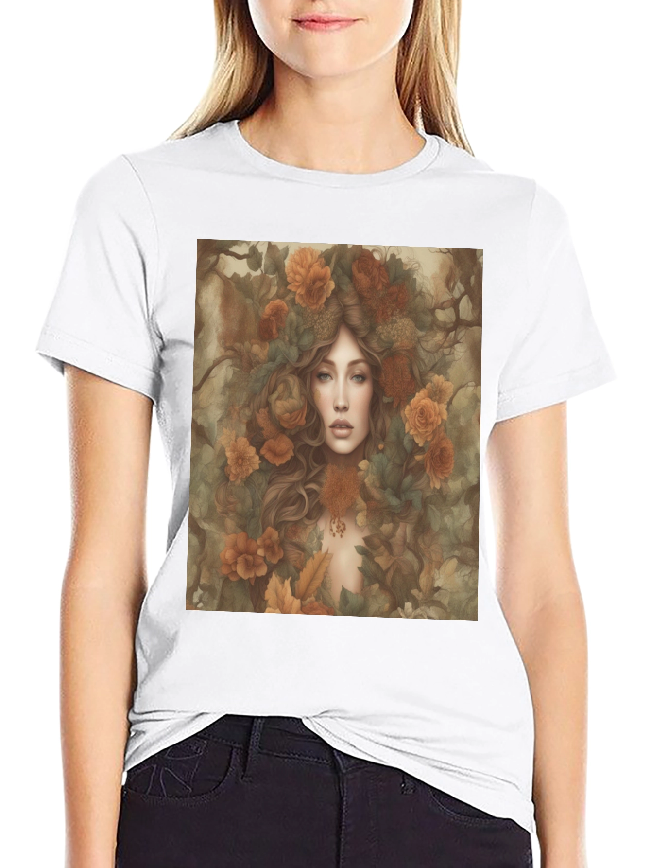 Black Floral Fantasy T-Shirt: Woman with Autumn Flowers view 9