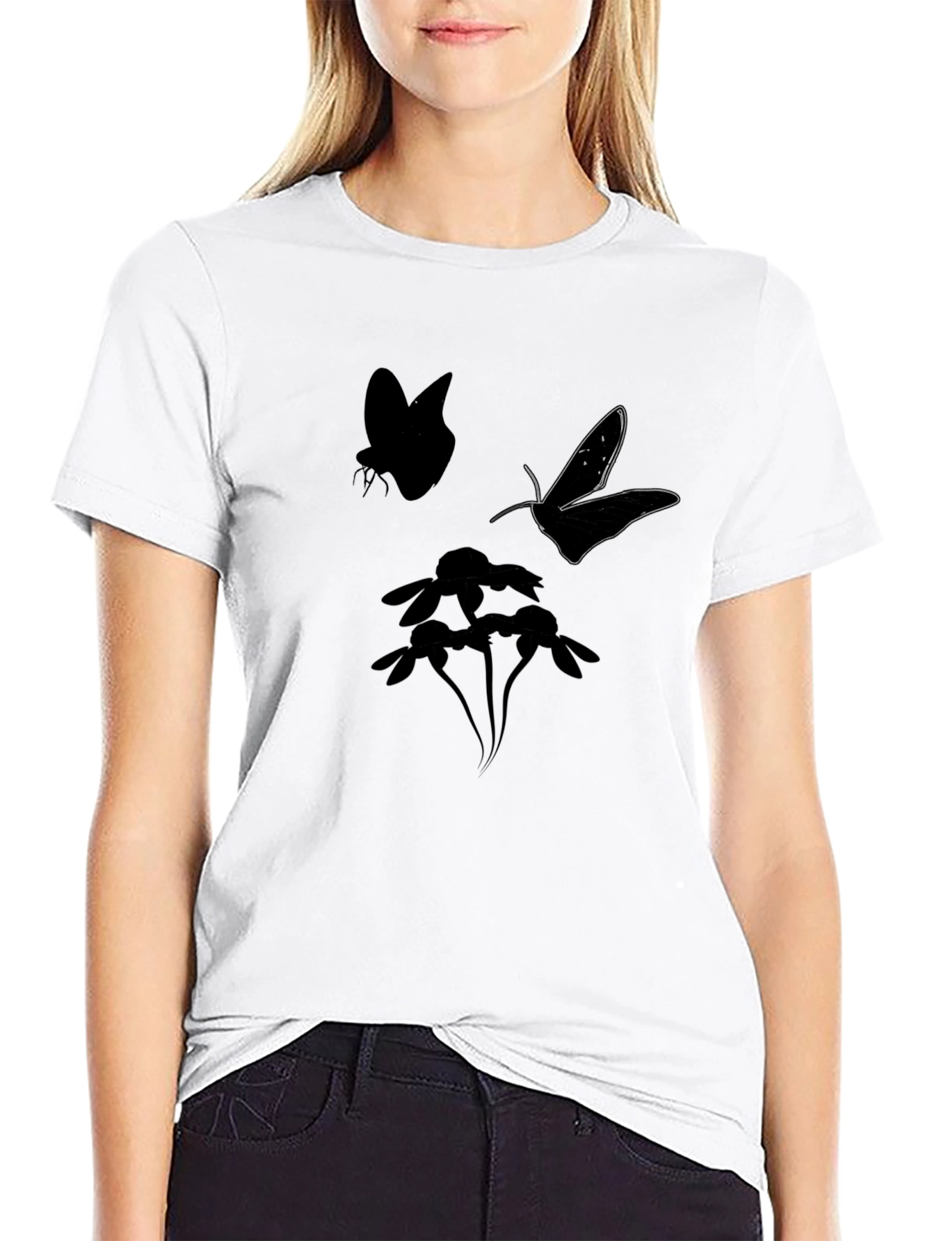 Black Butterfly & Flower Graphic Tee - Black Cotton Blend view 9