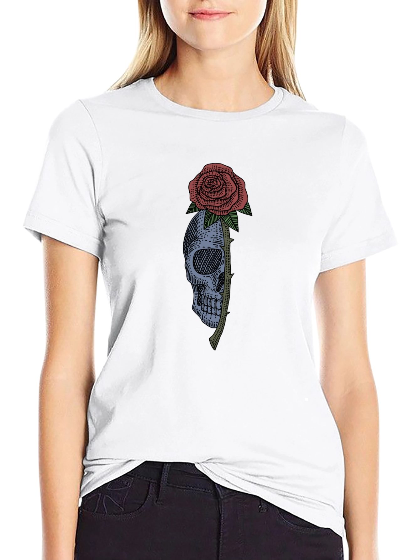 Black Skull & Rose Graphic Tee - Black Cotton T-Shirt view 9