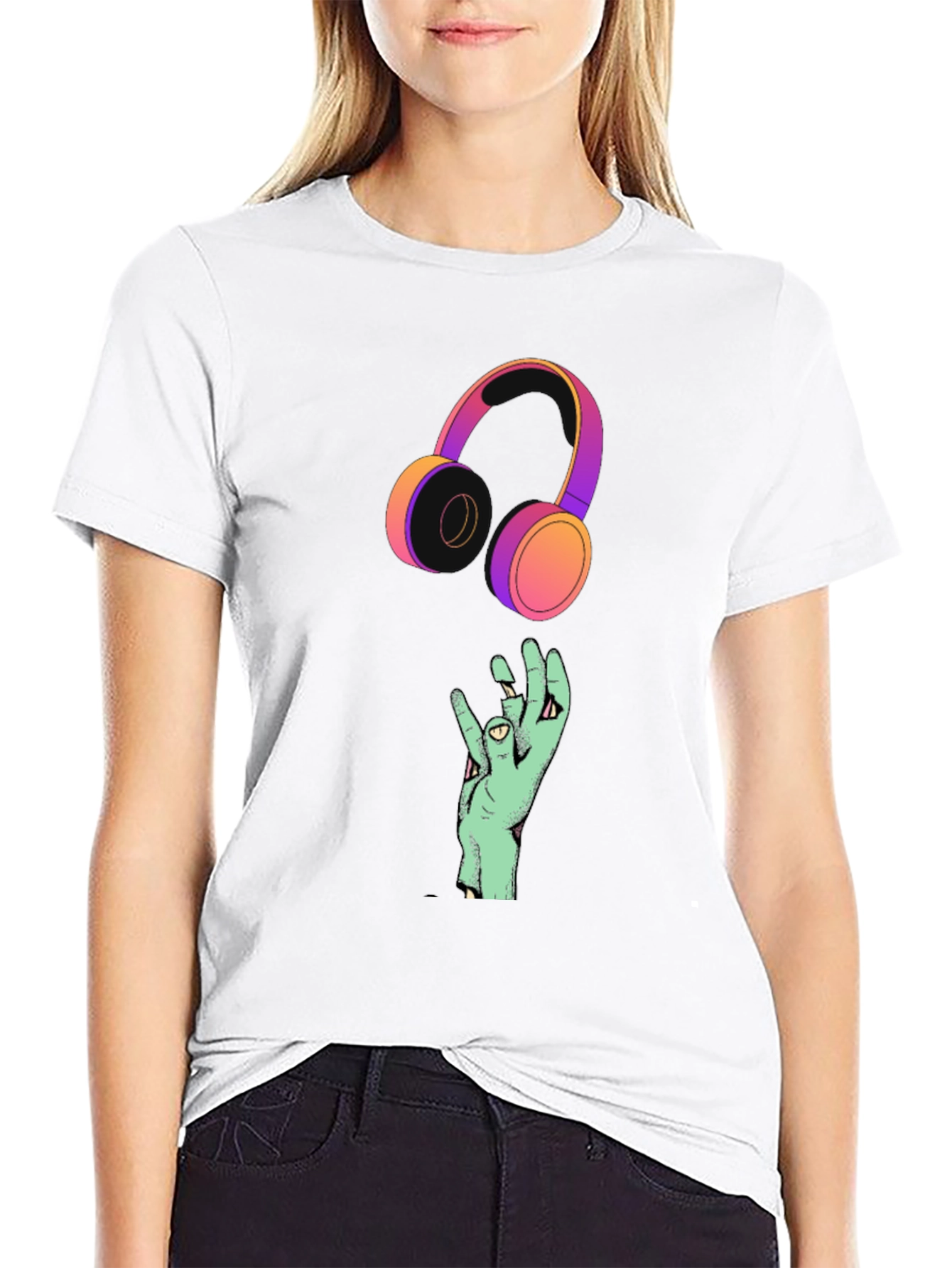 Black Cool Graphic T-Shirt with Headphones and Hand Design view 9