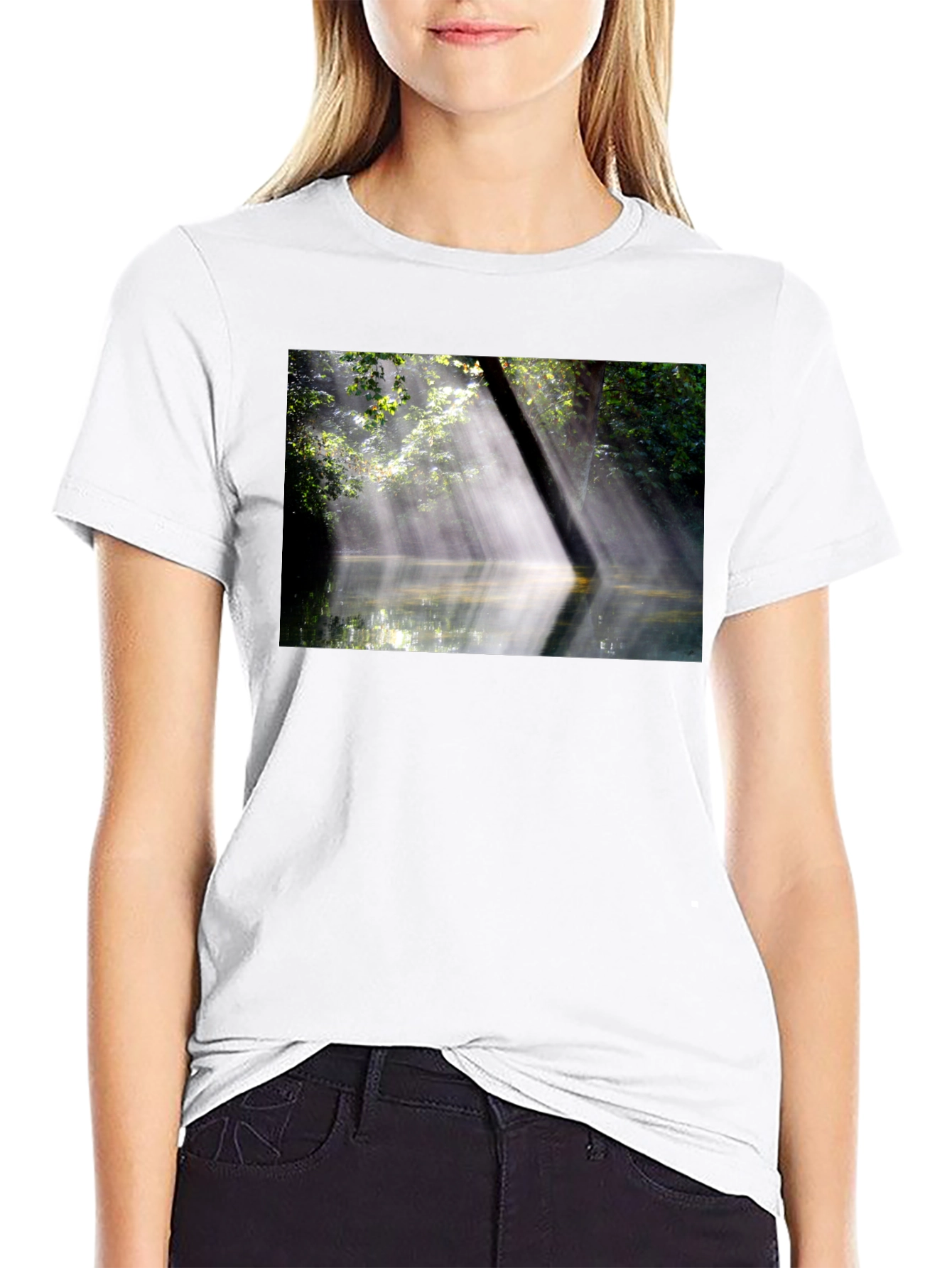Black Nature's Embrace Tee - Sunlit Forest Design view 9