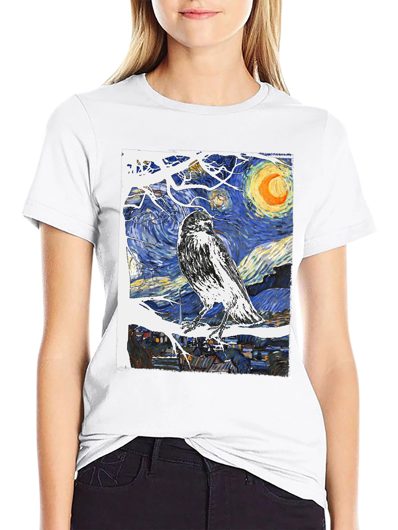 Black Starry Night Raven T-Shirt Art Tee view 9