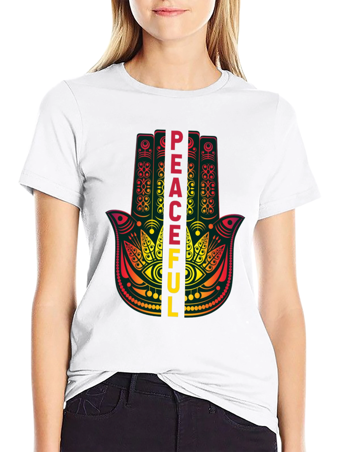 Black Peaceful Hamsa Hand Graphic T-Shirt view 9