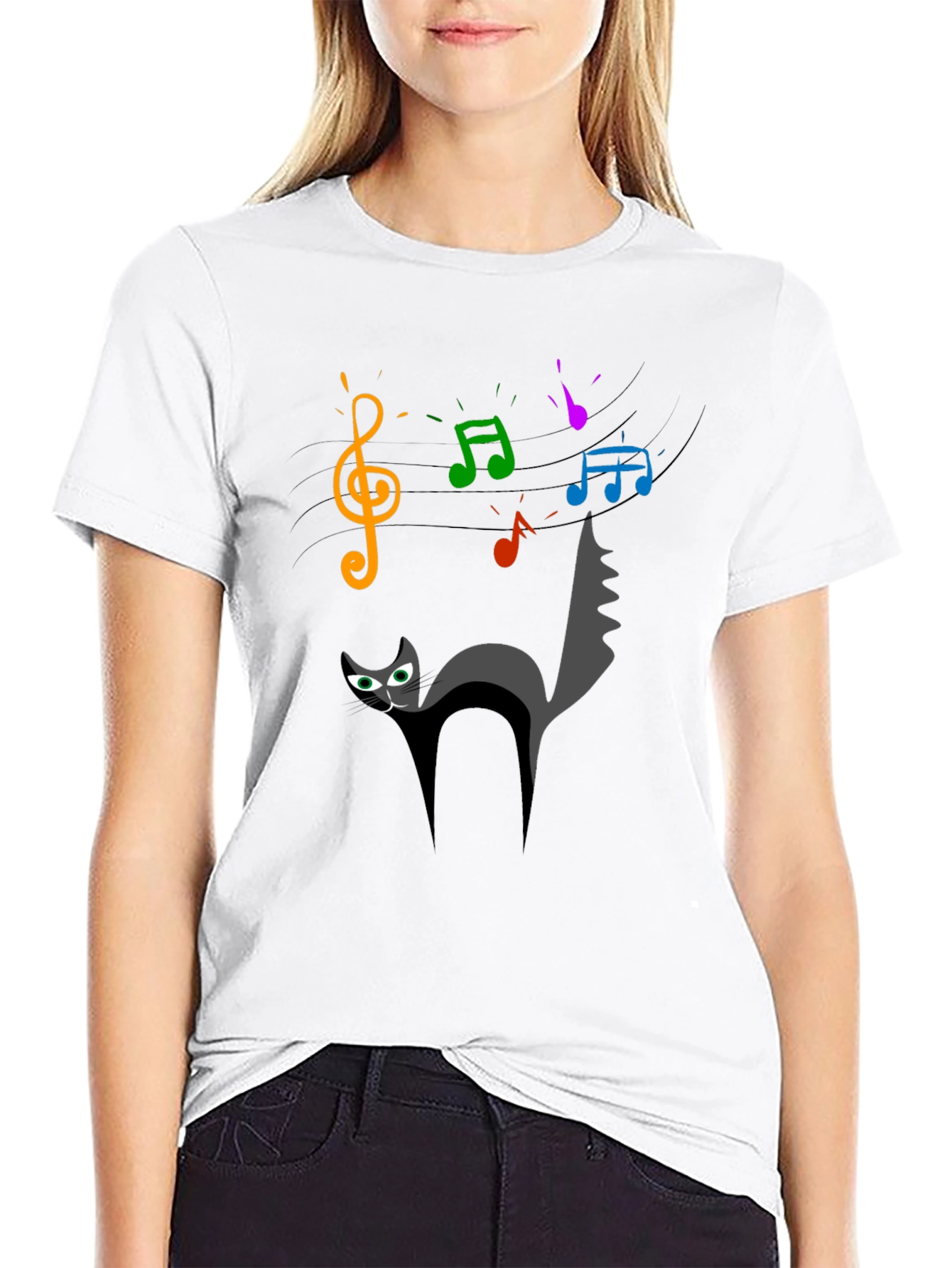 Black Cat Music T-Shirt - Quirky Black Tee for Cat Lovers view 9