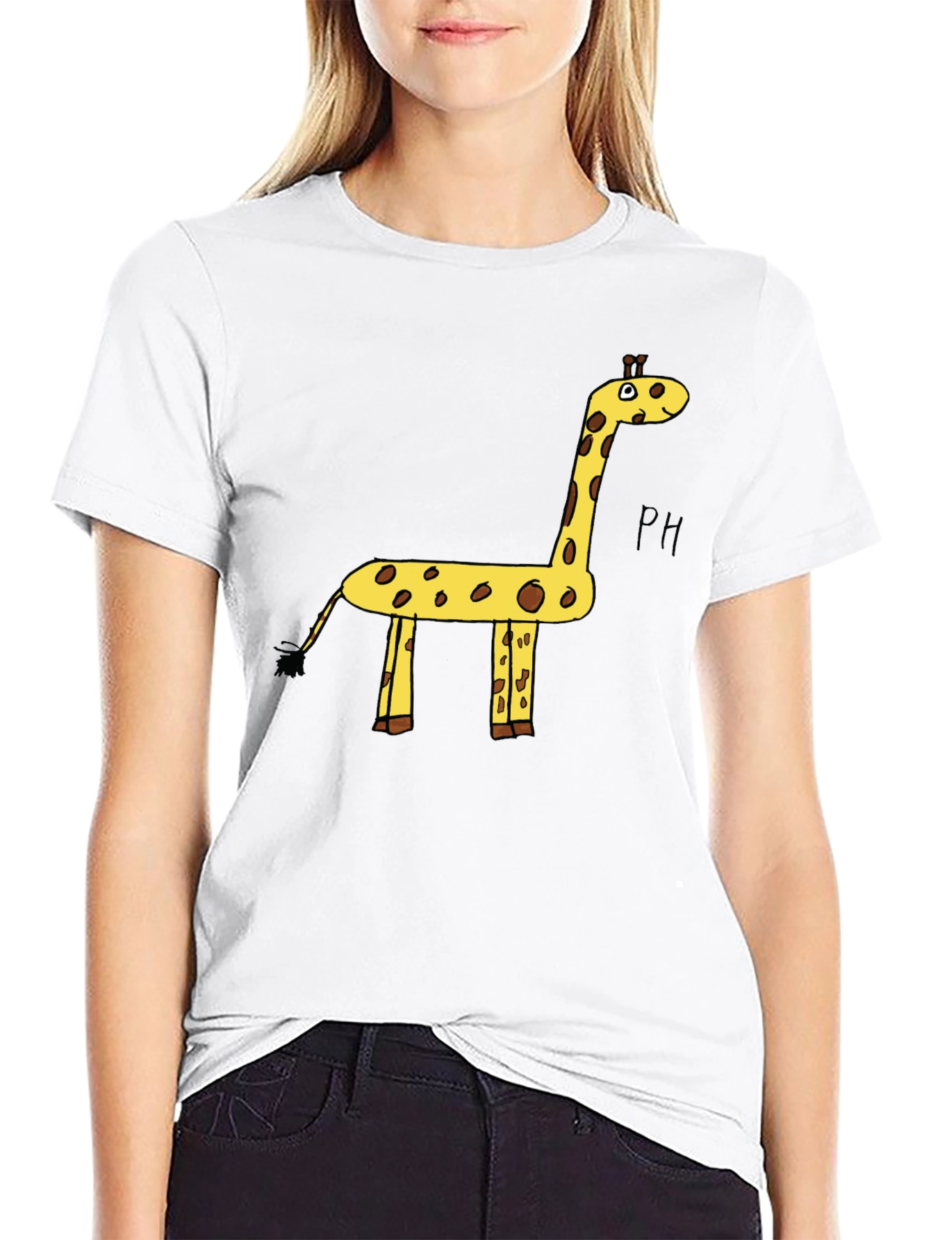 Black Giraffe Cartoon Graphic Tee - Black Cotton T-Shirt view 9