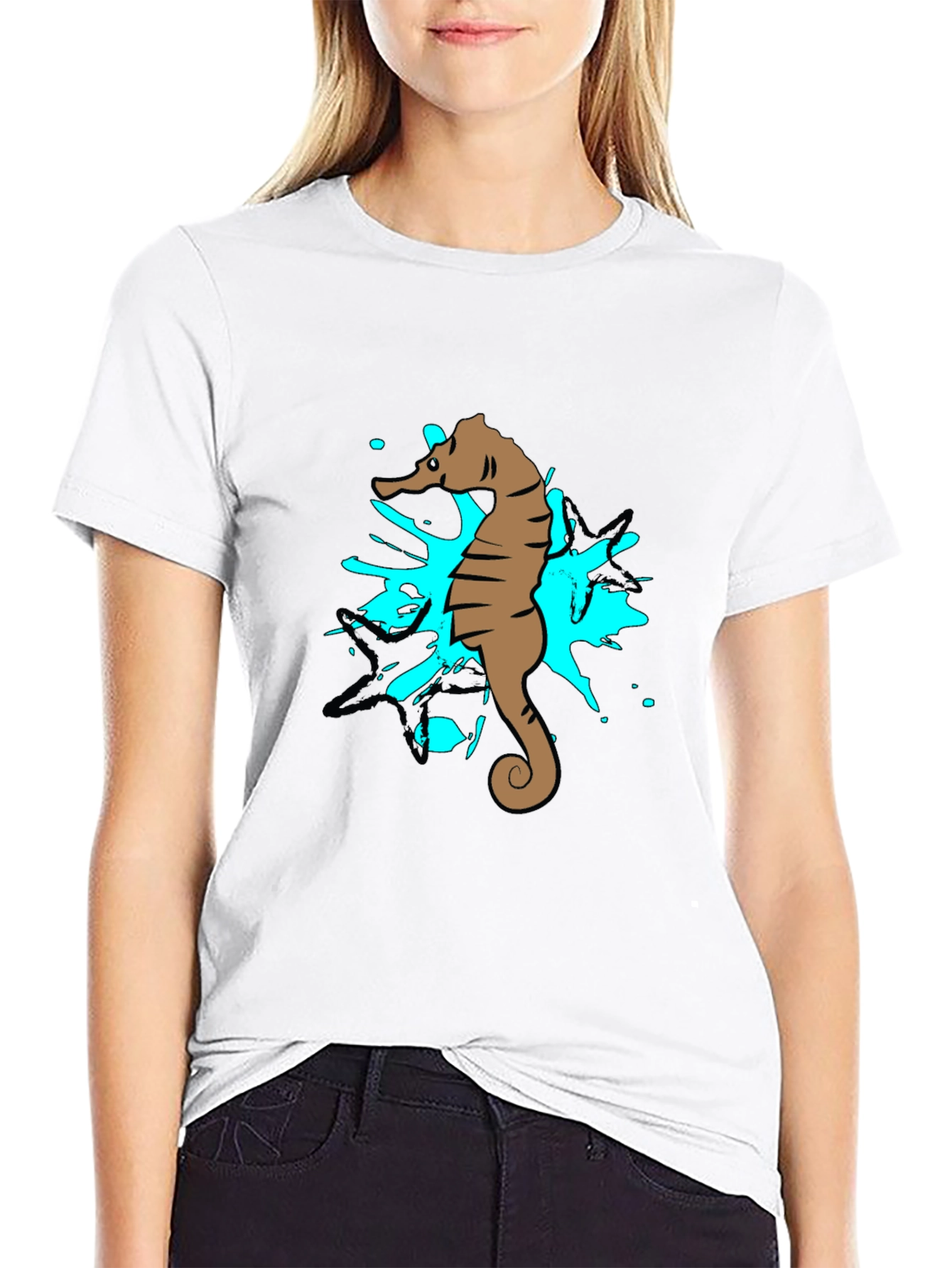 Black Seahorse Splash Graphic T-Shirt - Black Cotton Tee view 9