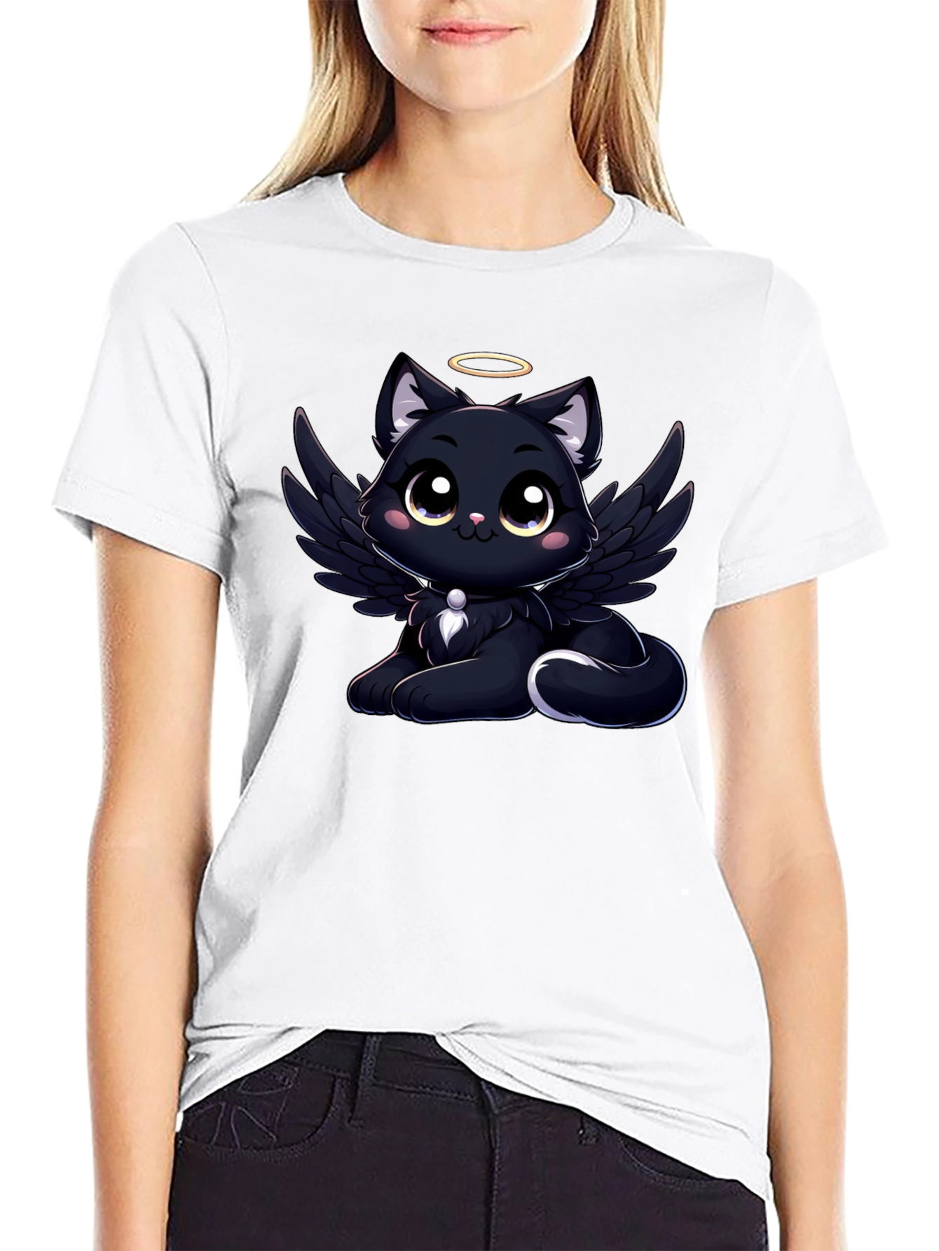 Black Angel Cat Graphic T-Shirt - Soft Cotton Tee view 9