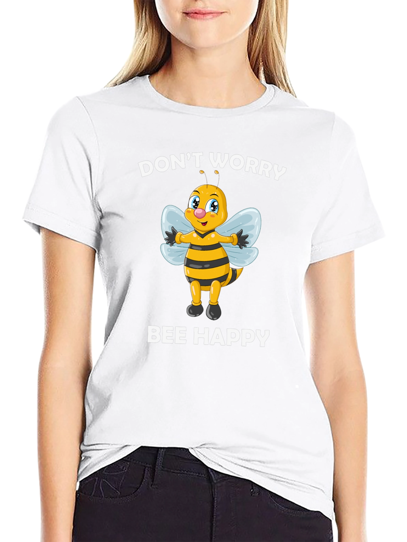 Black Don't Worry Bee Happy Graphic Tee view 9