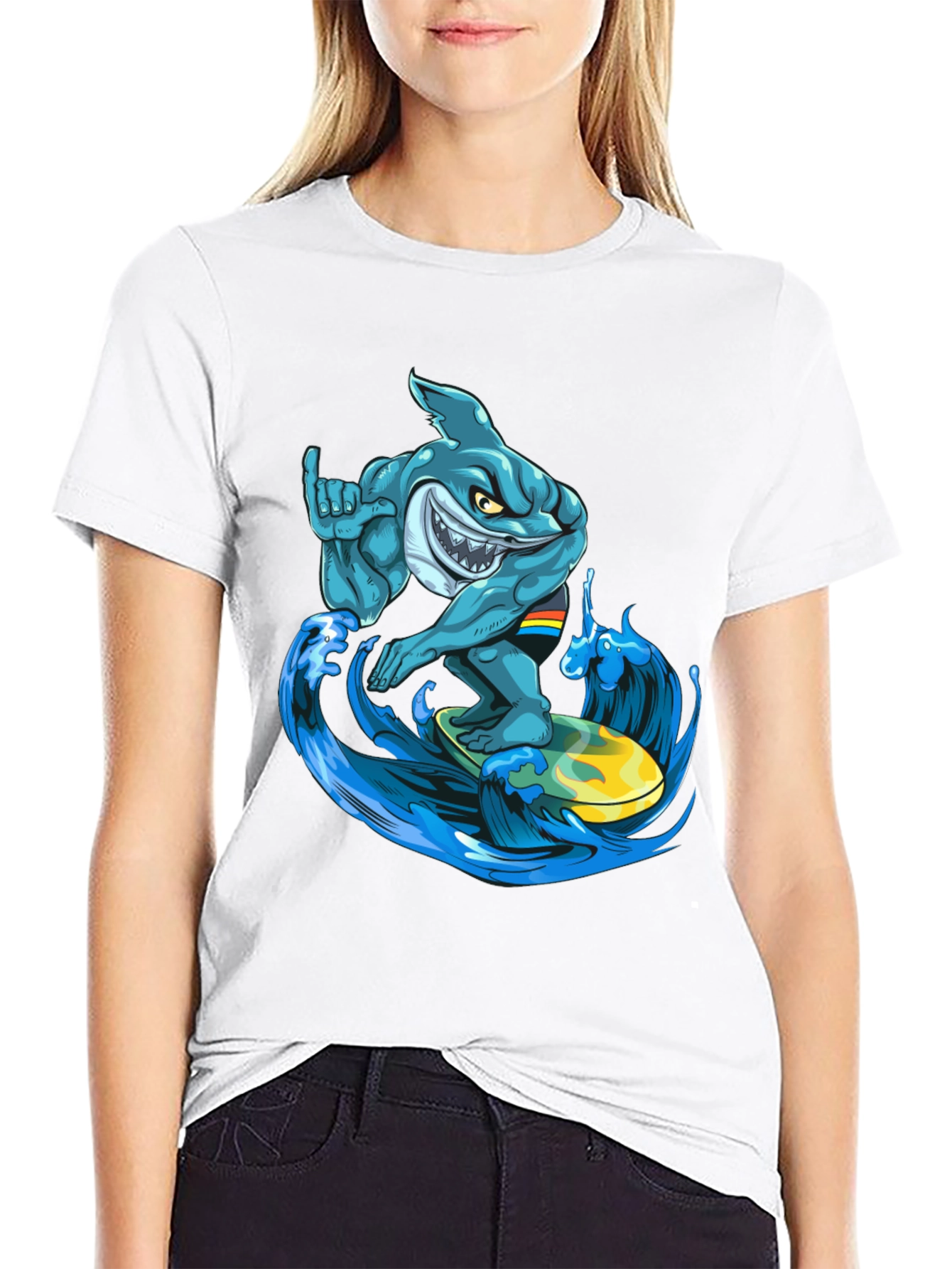 Black Surfing Shark Graphic T-Shirt - Cool Cartoon Design view 9