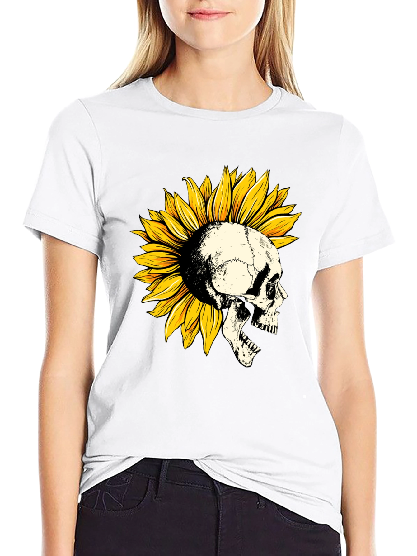 Black Skull Sunflower Graphic T-Shirt - Unique Design view 9