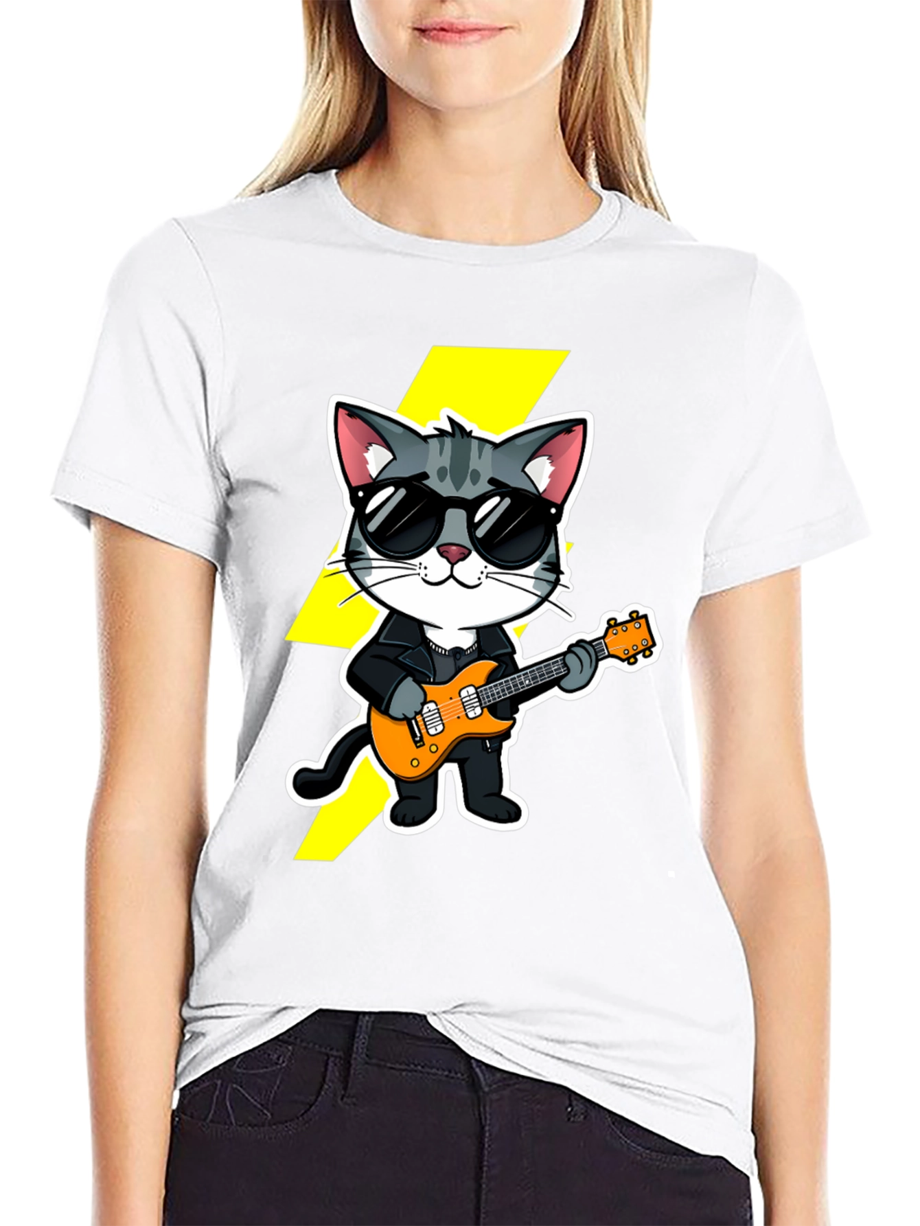 Black Rockstar Cat T-Shirt - Cool Cat with Guitar view 9