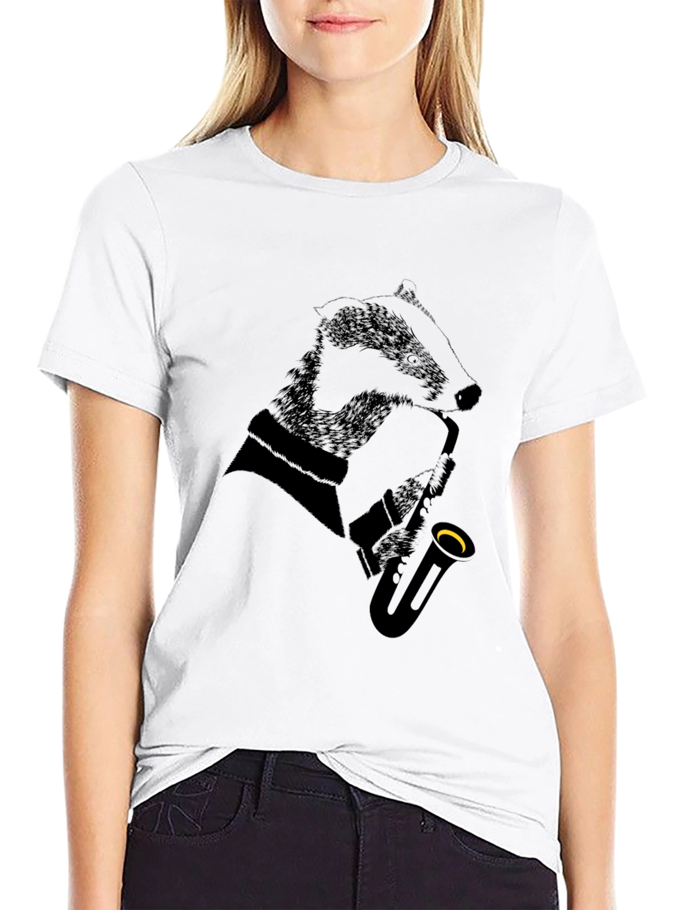 Black Jazz Badger Black T-Shirt - Cool Animal Saxophone Design view 9