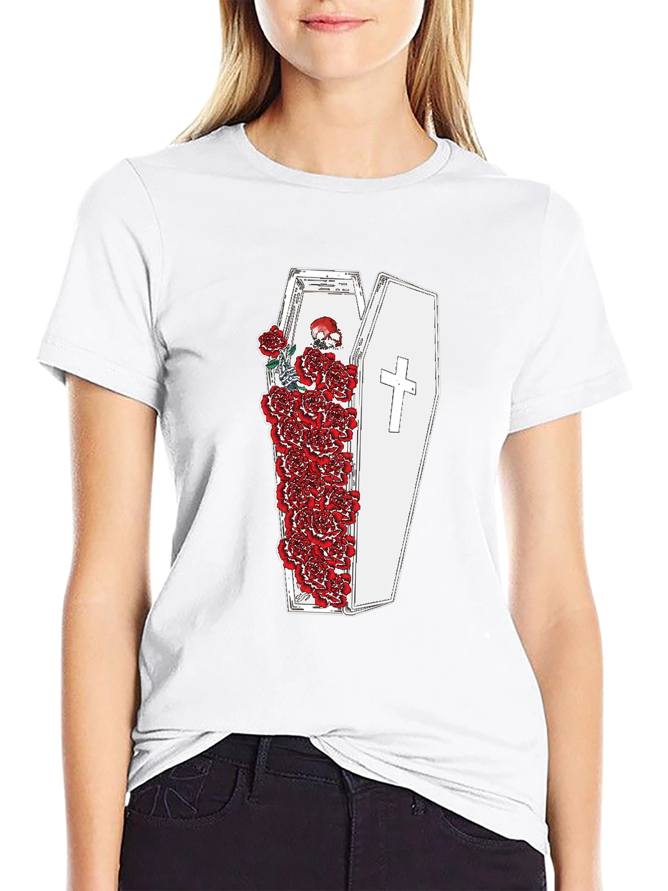 Black Gothic Coffin and Roses Graphic T-Shirt view 9