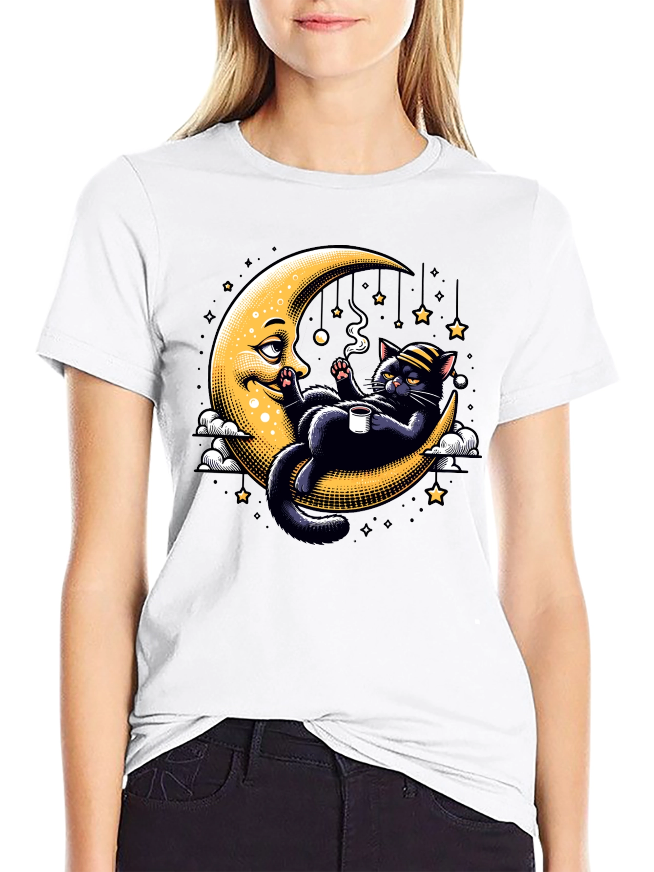 Black Cool Cat on Moon T-Shirt view 9