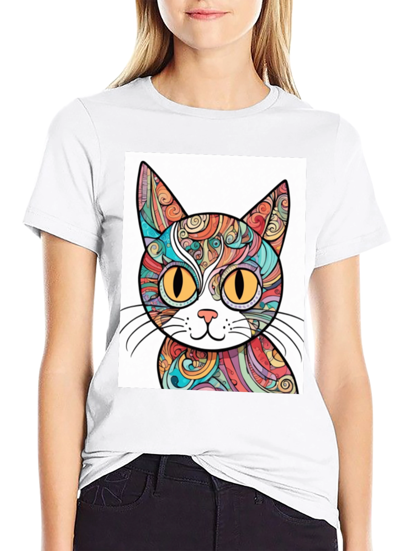 Black Colorful Cat Graphic T-Shirt - Unique Design view 9