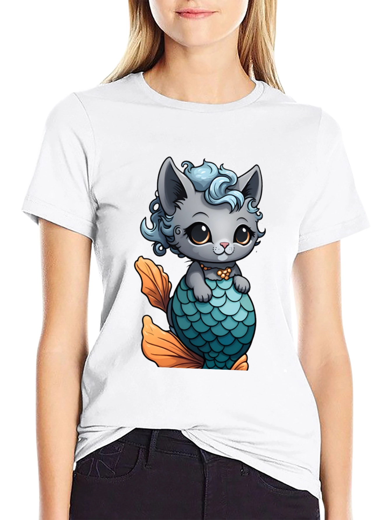 Black Cute Cat Mermaid T-Shirt - Unique Graphic Tee view 9
